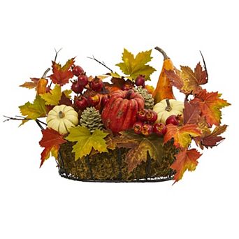 nearly natural Pumpkin, Gourd, Berry and Maple Leaf Artificial Arrangement in a Basket