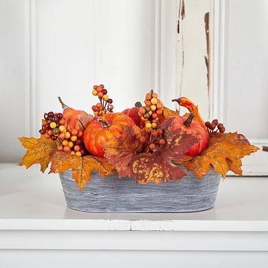 nearly natural 12" Fall Pumpkin and Berries Autumn Harvest Artificial Arrangement in Washed Vase