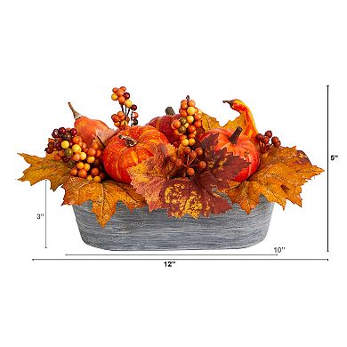 nearly natural 12" Fall Pumpkin and Berries Autumn Harvest Artificial Arrangement in Washed Vase