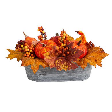 nearly natural 12" Fall Pumpkin and Berries Autumn Harvest Artificial Arrangement in Washed Vase