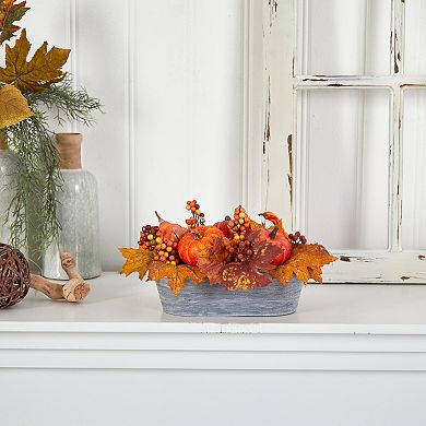 nearly natural 12" Fall Pumpkin and Berries Autumn Harvest Artificial Arrangement in Washed Vase