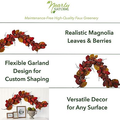 nearly natural 6ft. Autumn Magnolia Leaf with Berries Artificial Garland