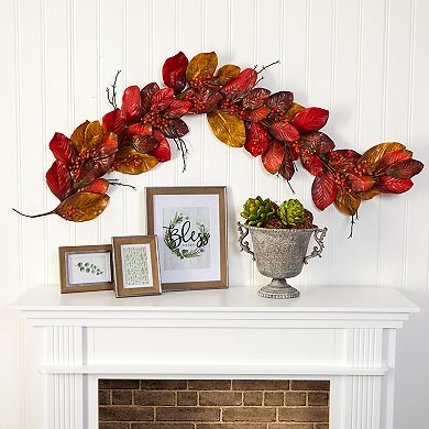 nearly natural 6ft. Autumn Magnolia Leaf with Berries Artificial Garland
