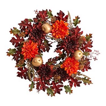 nearly natural 24" Fall Dahlia, Golden Apple, Oak Leaf and Berries Artificial Wreath