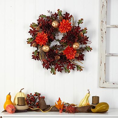 nearly natural 24" Fall Dahlia, Golden Apple, Oak Leaf and Berries Artificial Wreath