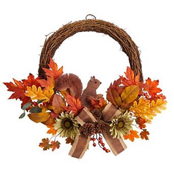 nearly natural 26" Fall Harvest Artificial Wreath with Twig Base and Squirrel