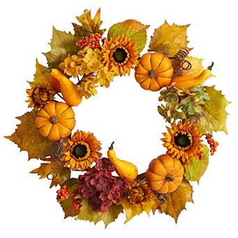 nearly natural 22" Autumn Hydrangea, Pumpkin and Sunflower Artificial Wreath