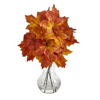 nearly natural 18" Autumn Maple Leaf Artificial Plant in Glass Planter
