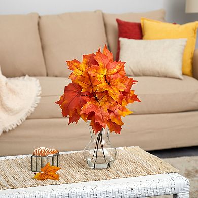 nearly natural 18" Autumn Maple Leaf Artificial Plant in Glass Planter