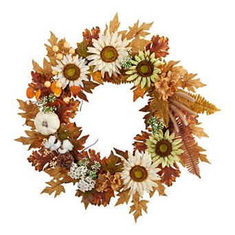 nearly natural 30" Autumn Sunflower, White Pumpkin and Berries Artificial Wreath