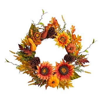 nearly natural 24" Fall Sunflower, Pumpkin, Gourds, Pinecone and Berries Artificial Wreath