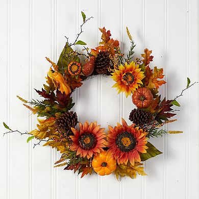 nearly natural 24" Fall Sunflower, Pumpkin, Gourds, Pinecone and Berries Artificial Wreath