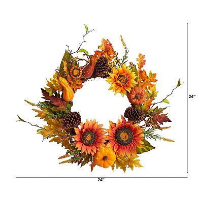 nearly natural 24" Fall Sunflower, Pumpkin, Gourds, Pinecone and Berries Artificial Wreath