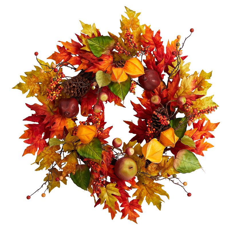 nearly natural 24" Autumn Maple Leaf and Berries Artificial Wreath, Orange