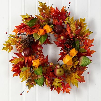 nearly natural 24" Autumn Maple Leaf and Berries Artificial Wreath