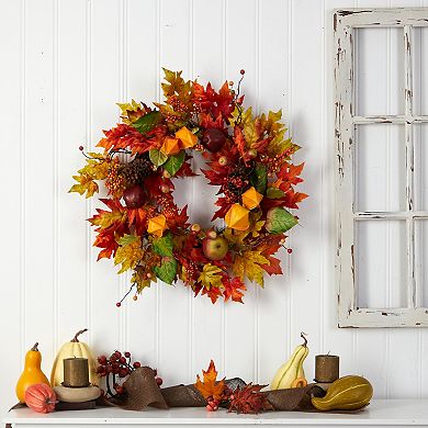 nearly natural 24" Autumn Maple Leaf and Berries Artificial Wreath