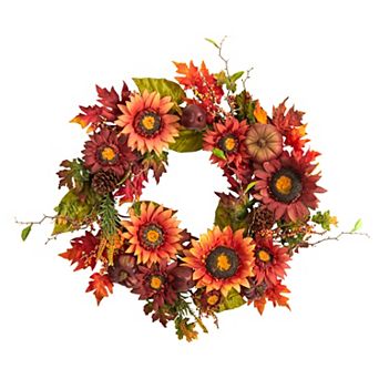 nearly natural 24" Artificial Sunflower, Pumpkin, Pinecone and Berries Autumn Wreath