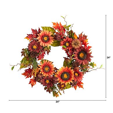 nearly natural 24" Artificial Sunflower, Pumpkin, Pinecone and Berries Autumn Wreath
