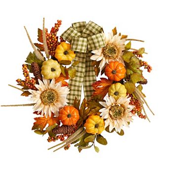 nearly natural 24" Artificial Pumpkin and Sunflower Autumn Wreath with Decorative Ribbon
