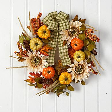 nearly natural 24" Artificial Pumpkin and Sunflower Autumn Wreath with Decorative Ribbon