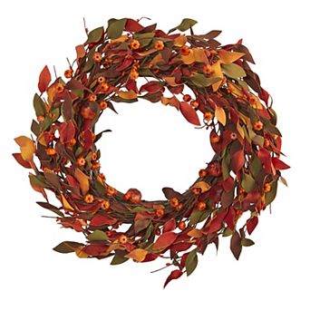 nearly natural 20" Artificial Harvest Leaf and Mini Pumpkin Wreath