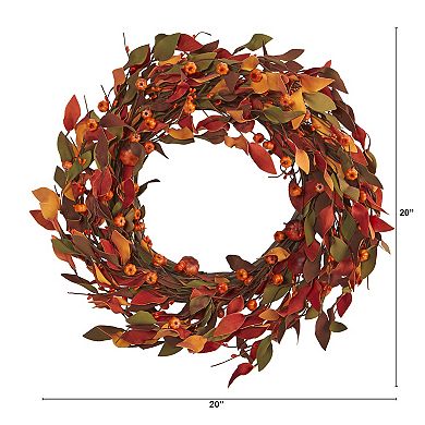 nearly natural 20" Artificial Harvest Leaf and Mini Pumpkin Wreath