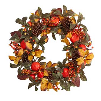nearly natural 26" Artificial Persimmon and Pinecones Autumn Wreath