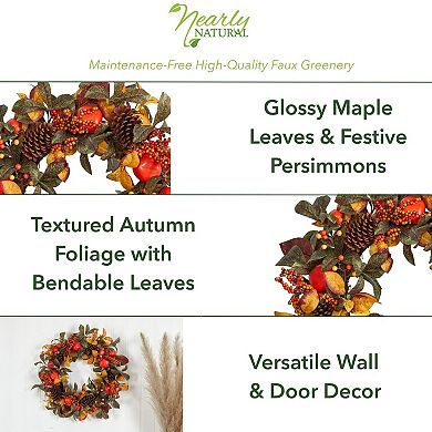 nearly natural 26" Artificial Persimmon and Pinecones Autumn Wreath