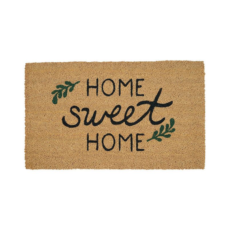 A tan doormat with black text and two green leaves on it