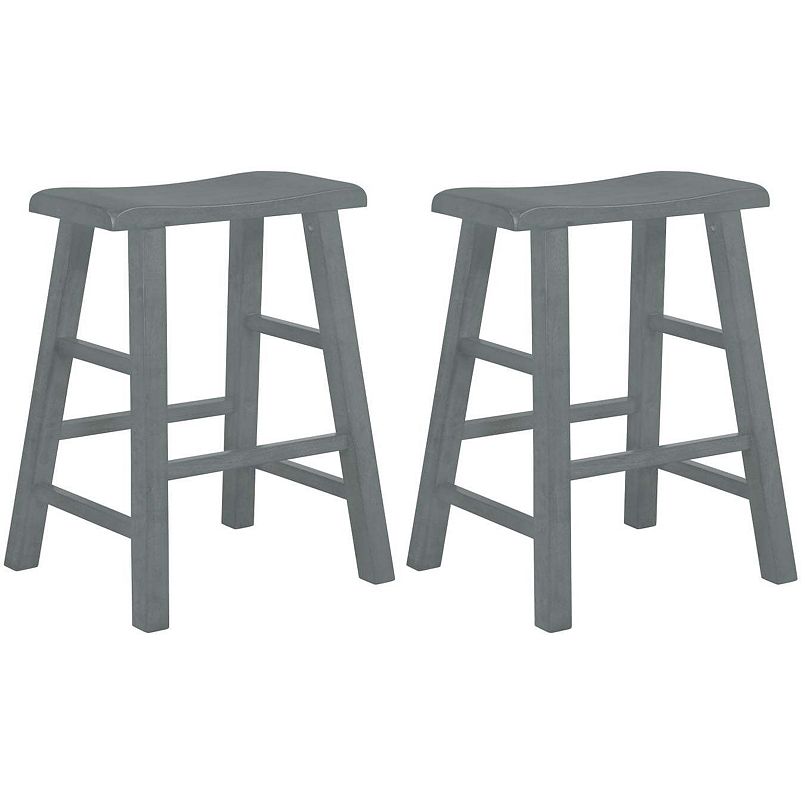Set of 2 counter-height barstools with solid wood saddle seats and ladder-style legs, gray finish
