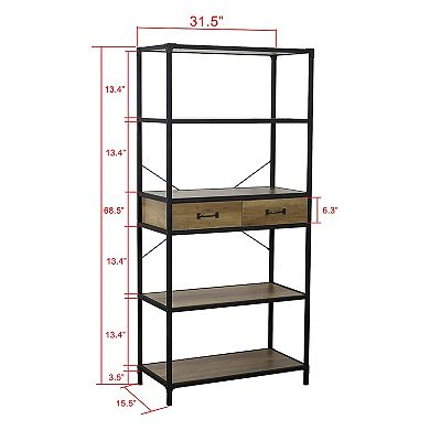 eHemco 5 Tier Rustic Design Bookcase with 2 Drawers