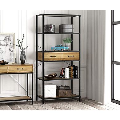 eHemco 5 Tier Rustic Design Bookcase with 2 Drawers