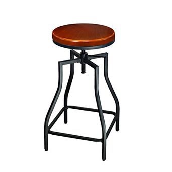 eHemco Adjustable Swivel Metal Kitchen Counter Height Backless Barstool with Wood Veneer Seat