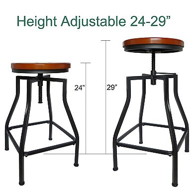 eHemco Adjustable Swivel Metal Kitchen Counter Height Backless Barstool with Wood Veneer Seat