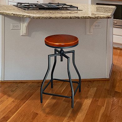 eHemco Adjustable Swivel Metal Kitchen Counter Height Backless Barstool with Wood Veneer Seat
