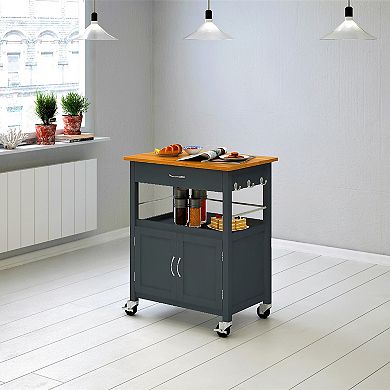 eHemco Kitchen Island Cart on Wheels with Drawer, Storage Cabinet and Natural Wood Top Butcher Block