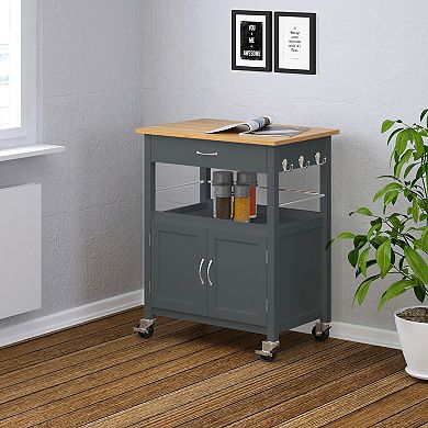 eHemco Kitchen Island Cart on Wheels with Drawer, Storage Cabinet and Natural Wood Top Butcher Block