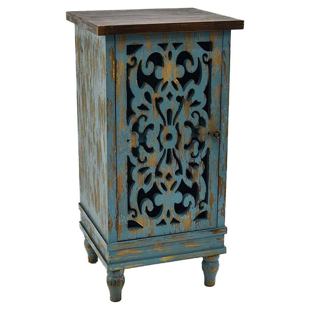 eHemco Wooden Rustic Dual Storage Shelf Rectangle End Table with Carved ...