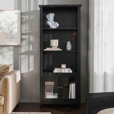 Emma and Oliver Dassie Modern Farmhouse Wooden Bookcase with Tempered Glass Doors