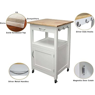 eHemco Kitchen Island Cart on Wheels with Drawer, Storage Cabinet and Natural Solid Hardwood Top