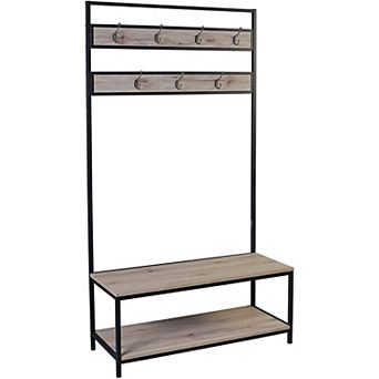Ehemco Metal And Wood Entryway Hall Tree For Living Room And Hallway, With Storage Bench And 7 Hooks
