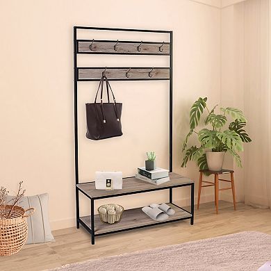 Ehemco Metal And Wood Entryway Hall Tree For Living Room And Hallway, With Storage Bench And 7 Hooks