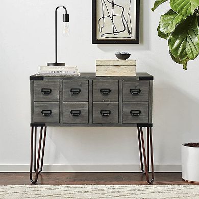 eHemco Antique Style Storage Console Table with 8 Drawers and Metal Hairpin Legs, 36 Inches Width
