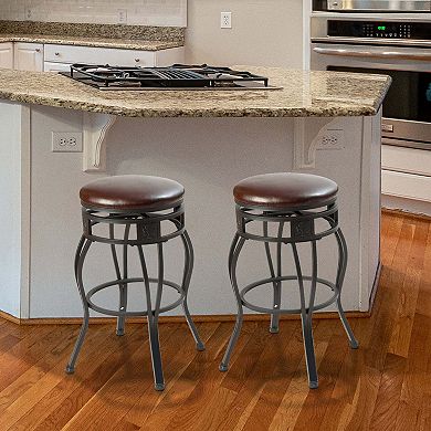 eHemco Swivel Metal Barstool with Faux Leather Seat, 24 Inches, Set of 2