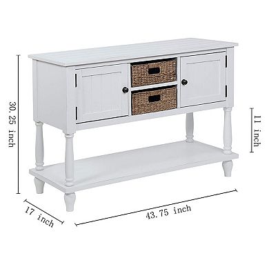 eHemco Coastal Style Console Table with Turned Legs and 2 Doors 2 Wicker Baskets for Living Room
