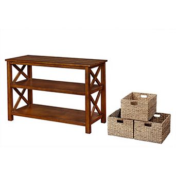 eHemco X-Side Console Sofa Table with 2 Shelves and 3 Baskets, Coffee