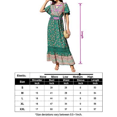 Women's Boho Short Sleeve V Neck Lace Wrap High Waist Dress Floral Beach Bohemian Ruffle Maxi Dress