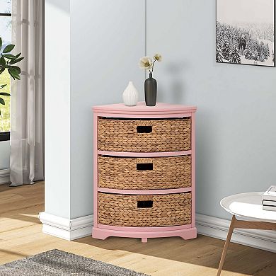 Hampton Meadows 3 Tier X-Side Corner Table Storage Cabinet with 3 Wicker Baskets