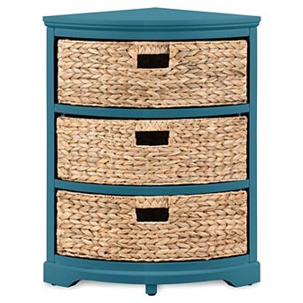 Hampton Meadows 3 tier X-Side Corner Table Storage Cabinet with 3 Wicker Baskets