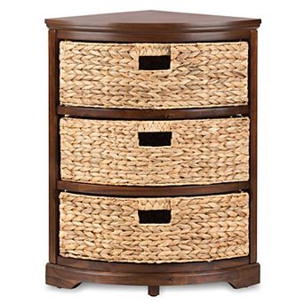 Hampton Meadows 3 tier X-Side Corner Table Storage Cabinet with 3 Wicker Baskets